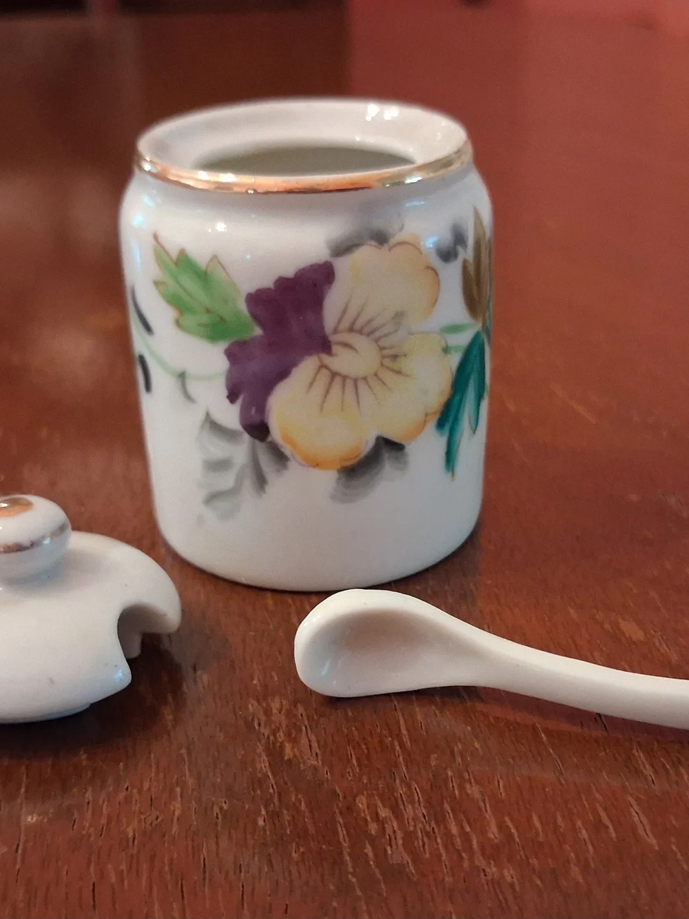 Noritake Floral Porcelain Condiment Set in White, Purple, Green, Gold Trim